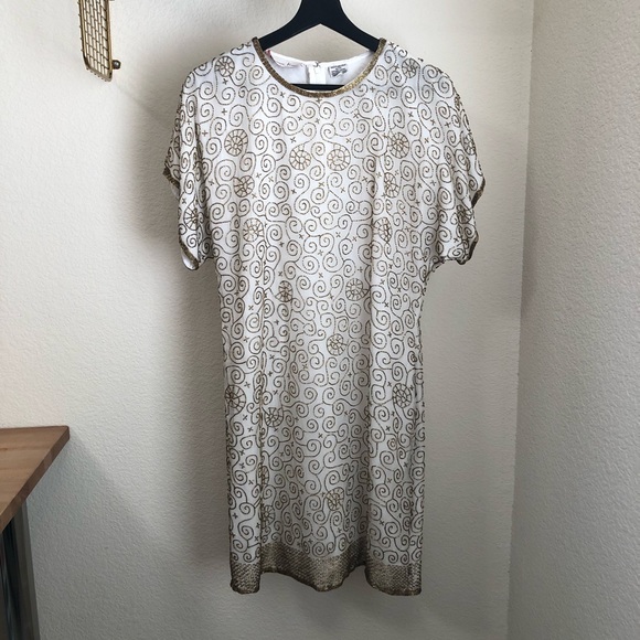 Vintage Laurence Kazan 100% Silk Gold Beaded Dress Petite Large - Picture 1 of 16